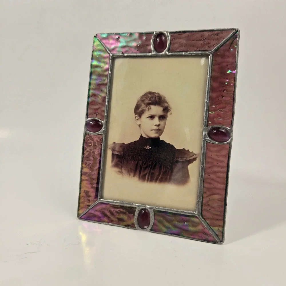 Vintage Iridescent Stained Glass Picture Frame with Burgundy Cabochons 5x7